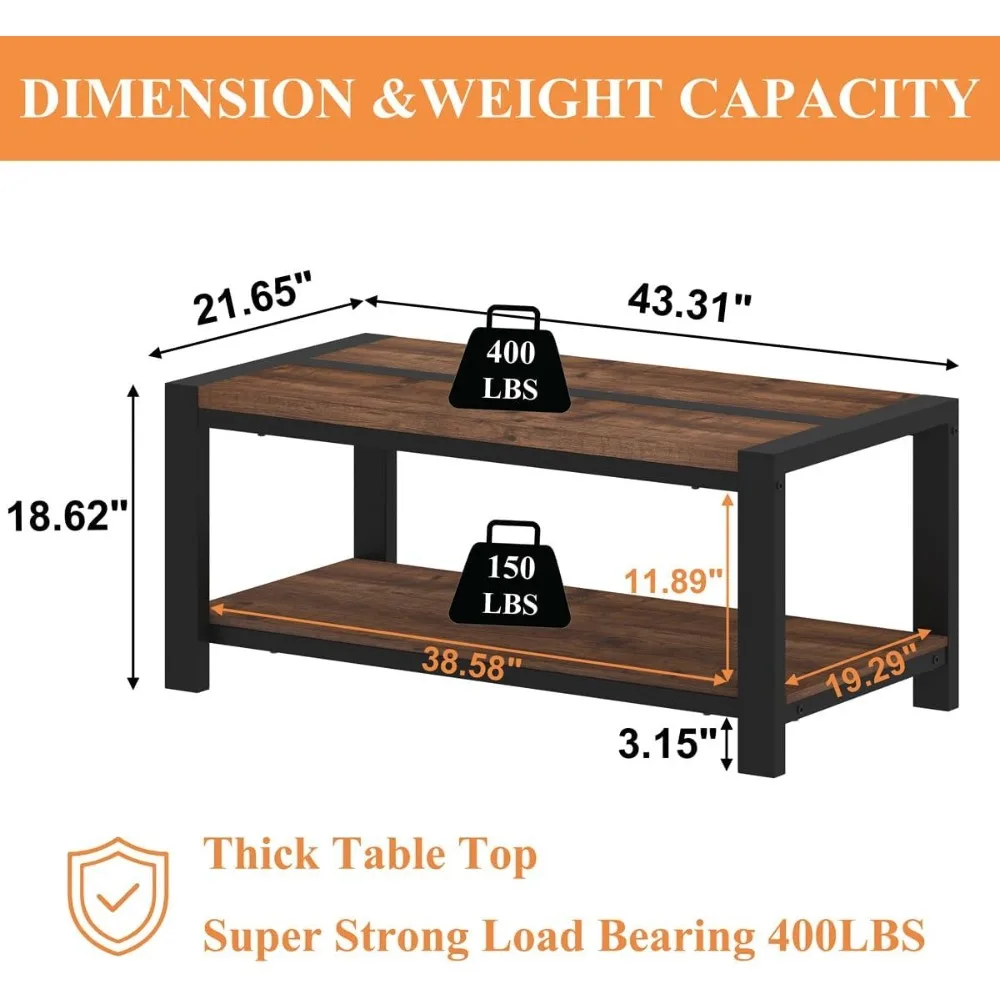 Industrial Farmhouse Style Rectangular Coffee Table for Living Room, Rustic Wood and Metal Center Table