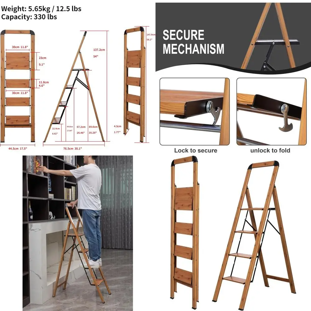 مقعد ألومنيوم قابل للطي بأربعة خطوات مع لمسة نهائية من الخشب، دواسات واسعة مضادة للانزلاق، محمولة وقوية للمنزل والمطبخ والاستخدام المكتبي، مقاس S