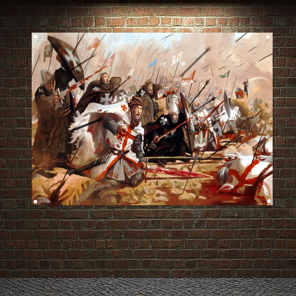 

Ancient Military Art Banners Flags, Mounted Templar Charging Into Battle Poster Canvas Painting, Knights Templar Wall Hanging J8