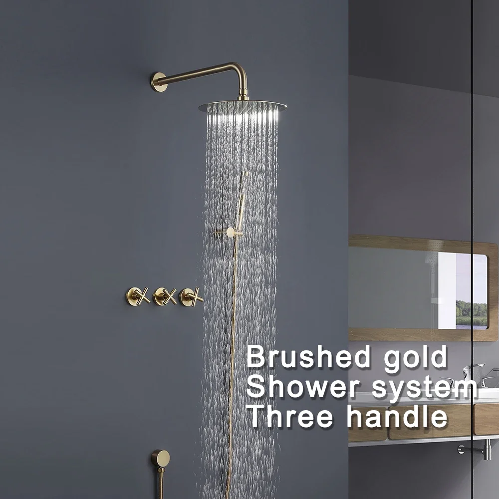 Luxury Conceal Brushed Gold Three Handle Bathroom Rain System Wall Mounted Shower Sets