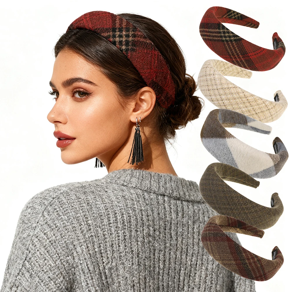 

AWAYTR Angolan Red Woolen Tartan Hair Band Retro Tweed Fabric Hair Hoop Wide Edge Headband Hair Accessories Festival Hairband