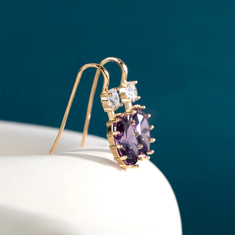 JoiasHome Yellow Gold Color Drop Earrings For Women Silver 925 Jewelry With Purple Zircon Amethyst Female Party Ear Accessories