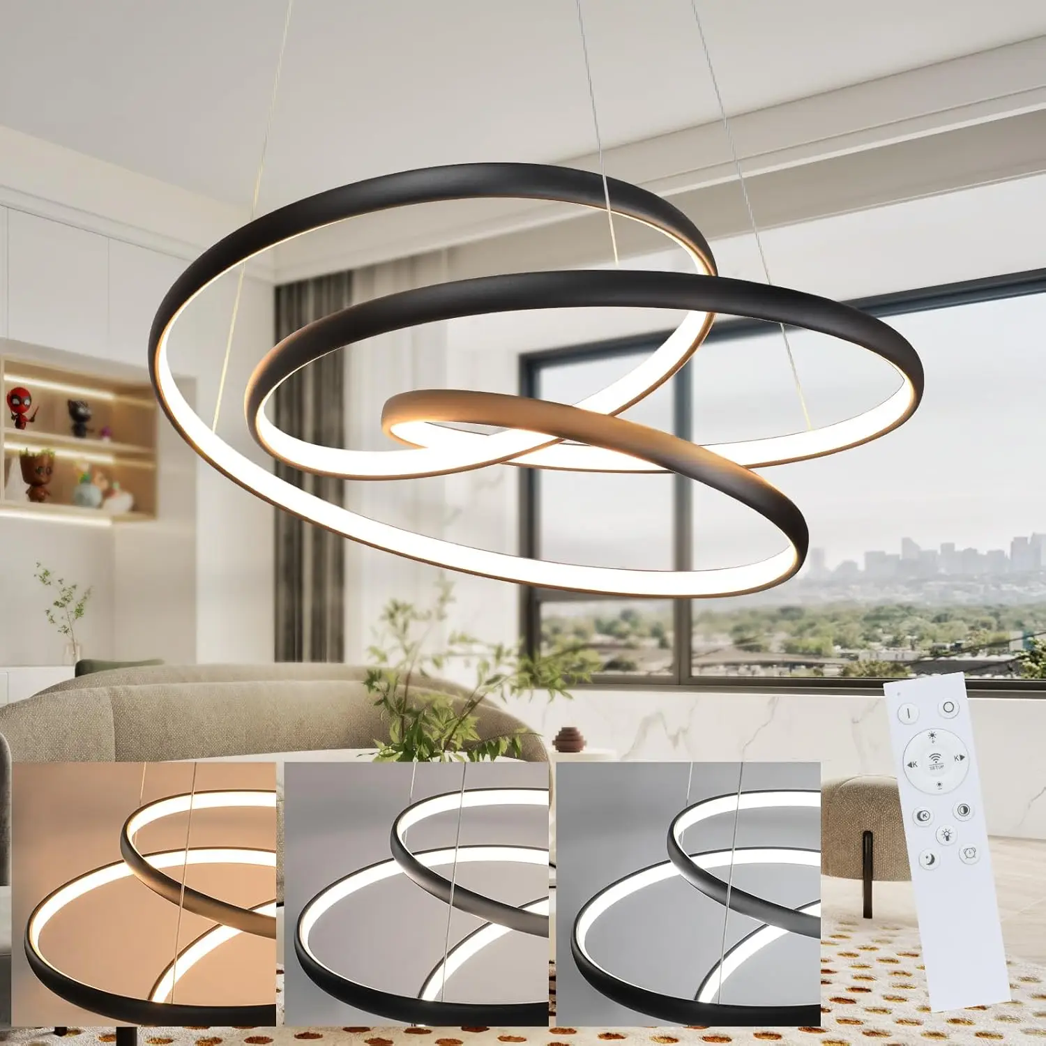 Hängelampe Esstisch Pendelleuchte Schwarz - LED Wohnzimmerlampe Hängend Esstischlampe Dimmbar Hängeleuchte 50CM Esszimmerlampe Modern Pendellampe 55W mit Fernbedienung für Wohnzimmer Schlafzimmer