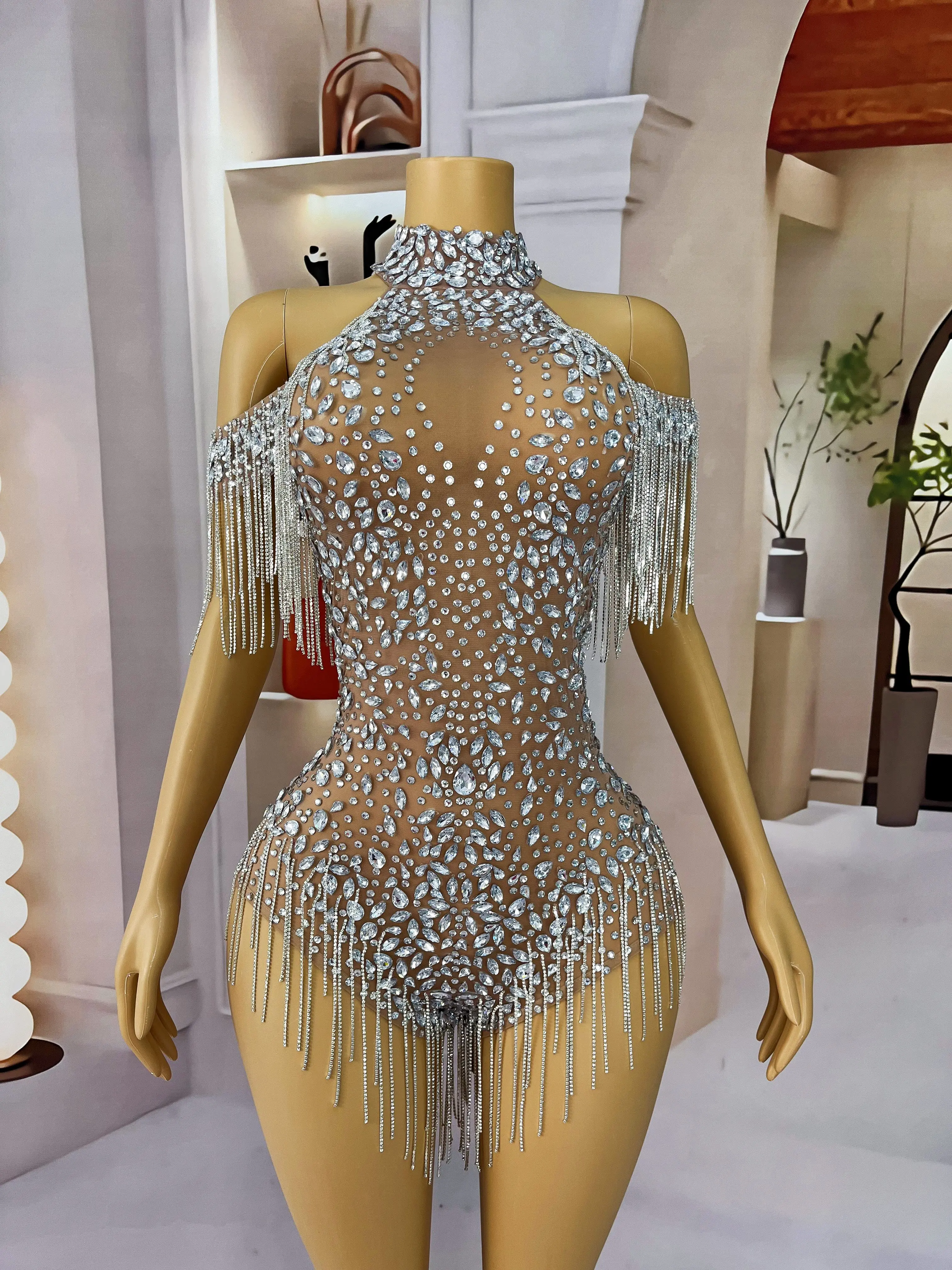 Costume de spectacle pour filles, tenue de fête de luxe, strass brillants, chaîne de cristaux, épaules dénudées, fourchettes hautes, pour femmes, fête, chanteur, danse