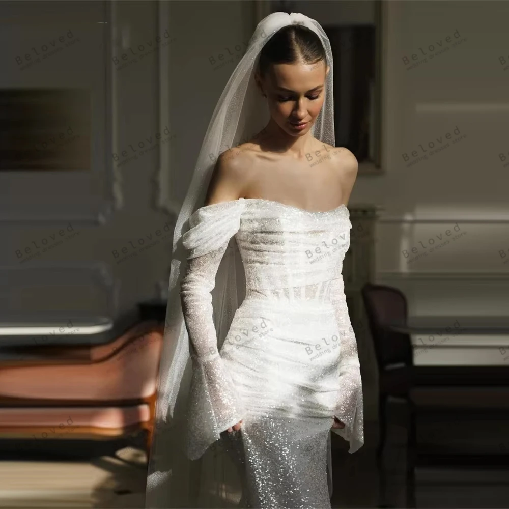 Modern Women's Wedding Dresses Glitter Bridal Gowns Beading Appliques Off The Shoulder Robes Pretty Vestidos De Novia Customized
