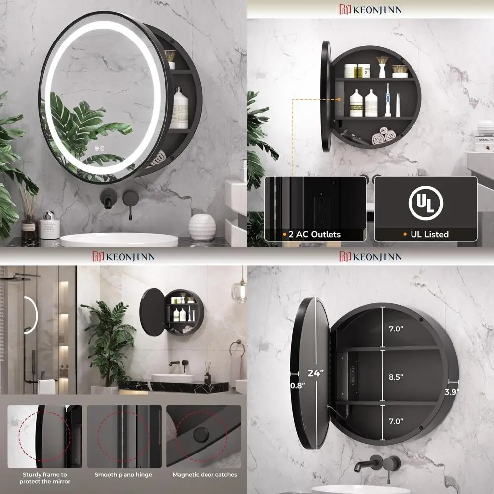 

24 Inch Black LED Illuminated Medicine Cabinet with Circular Mirror and Electrical Outlet for Bathroom