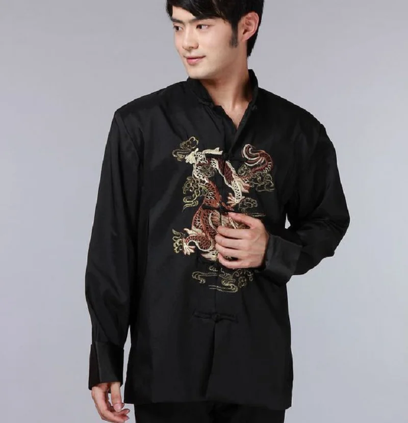 Wholesale New Chinese Style Men Silk Satin Jacket Embroidered Dragon Tang Suit Casual Long Sleeve Coat Slim Jackets Size S-XXXL