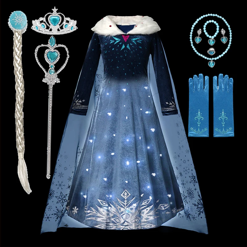 LED Light Up Girls Winter Princess Dress Long Sleeve Fur Collar Snow Queen Costume Dress 2025 New Year Christmas Party Clothes