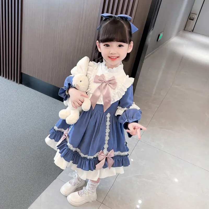 2024 Elegant Fashion Harajuku Slim Fit Children Clothes Loose Casual All Match Princess Dress Solid O Neck Long Sleeve Dresses