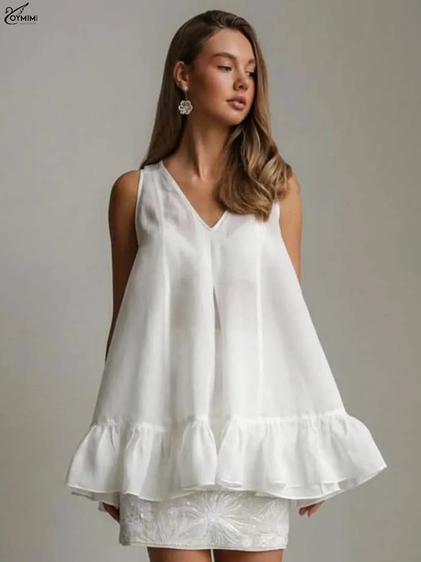 

Oymimi Fashion White Cotton Women's Blouse Summer New V-Neck Sleeveless Lace-Up Blouses Elegant Ruffled Loose Open Back Blouses