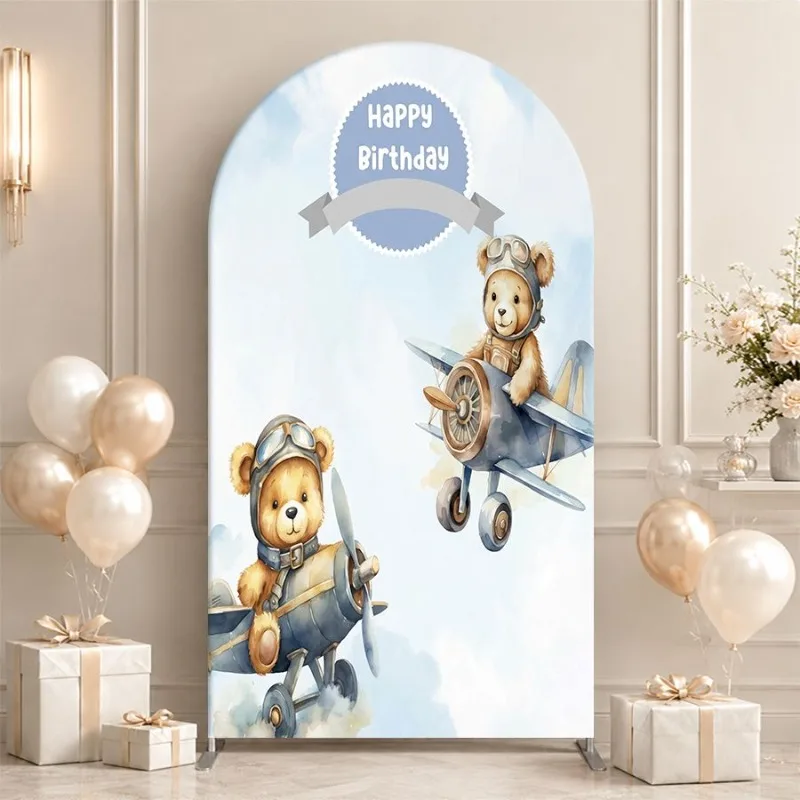Single Side Arch Backdrop Cover Happy Birthday themed backdrop featuring vintage pilot bears in classic airplanes against a sky