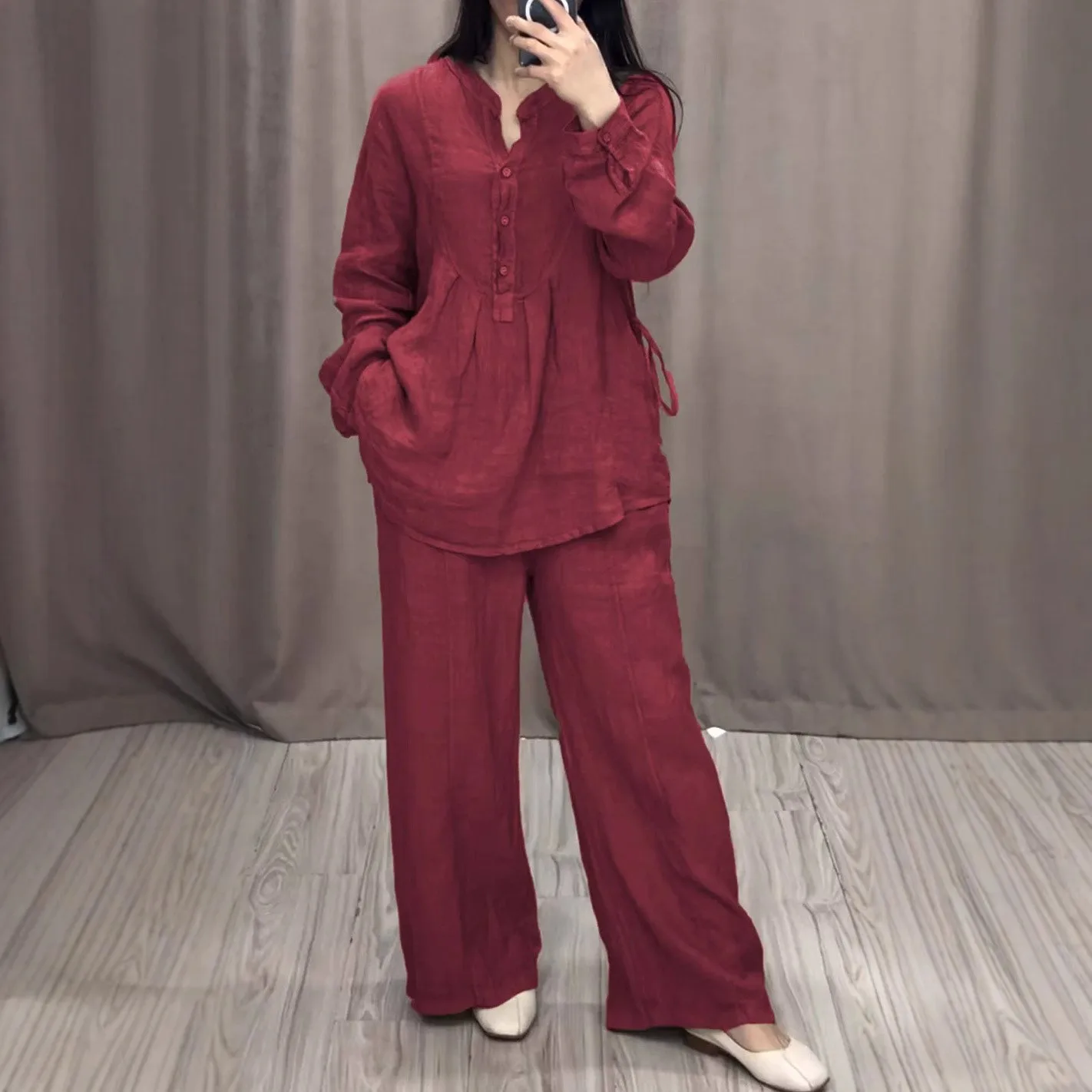 Casual Long Sleeve Set with Full Length Urban Elegant Commuting Patchwork Autumn Shirt Top and Long Pants Elegant Women Sets