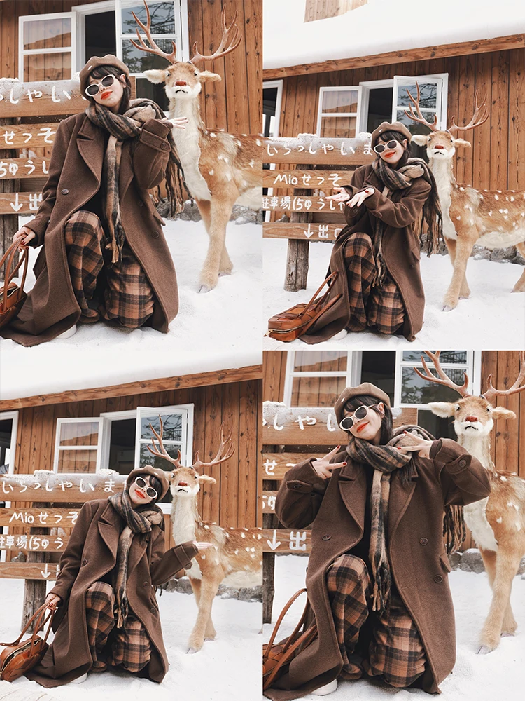 TIYIHAILEY Winter Women Outerwear Loose Coats Long Mid-Calf Wool Jacket Warm Trench Thick Turn Down Collar Brown Double Breasted