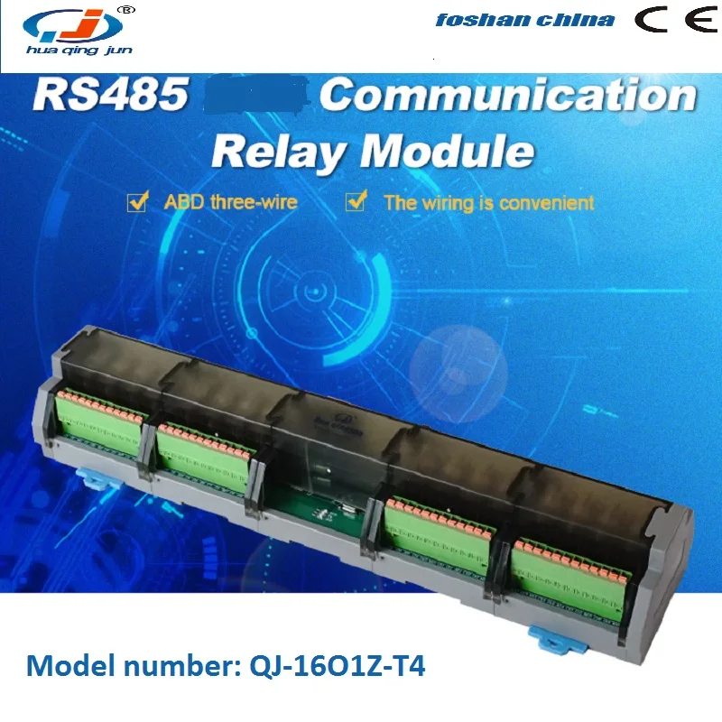 Huaqingjun 16-Channel RS485 Modbus RTU Relay Module Remote Control QJ-16O1Z-T4 Module for PLC Expansion