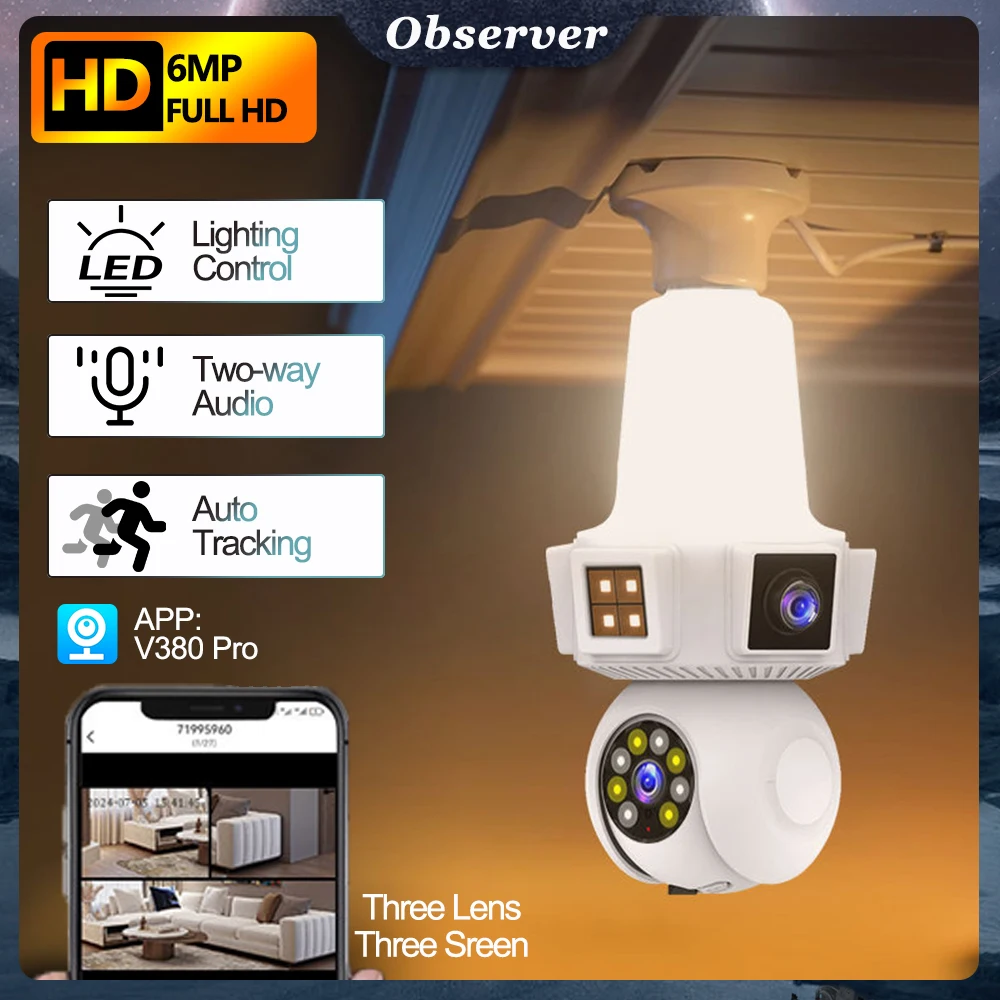 6MP Bulb E27 Surveillance Camera 3Lens 3 Screens Wireless WIFI Cam IR Night Vision Motion Detection Indoor PTZ Control Monitor