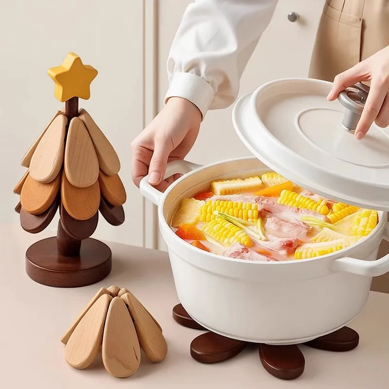 

Wooden Christmas Tree Insulation Mat Creative Kitchen Table Decoration Solid Wood Pot Mat Folding Anti Scalding Pad Coasters