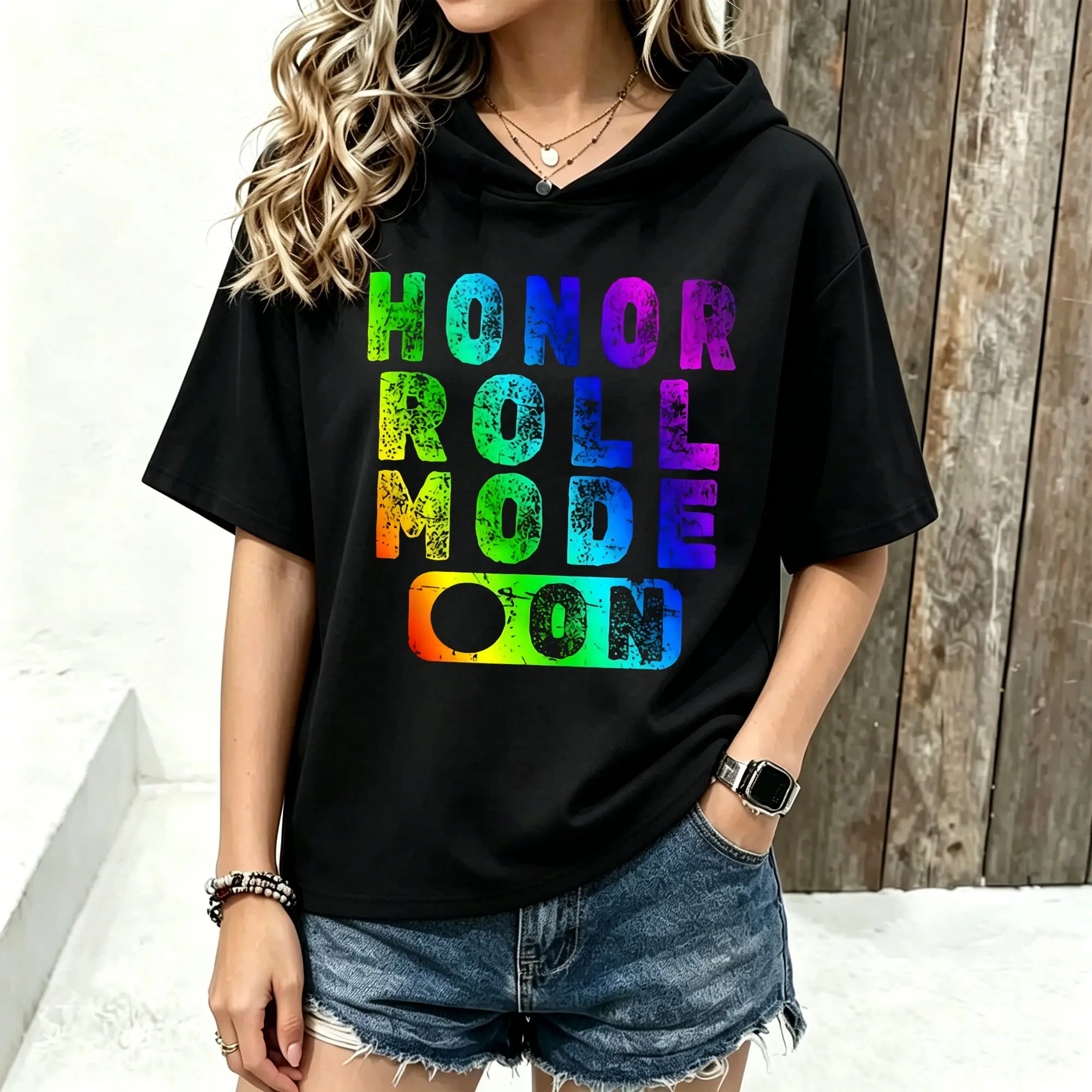 Women Short Sleeve Hoodie Rainbow Gradient Distressed Letter Print Spring Summer Casual Loose Hooded Tops