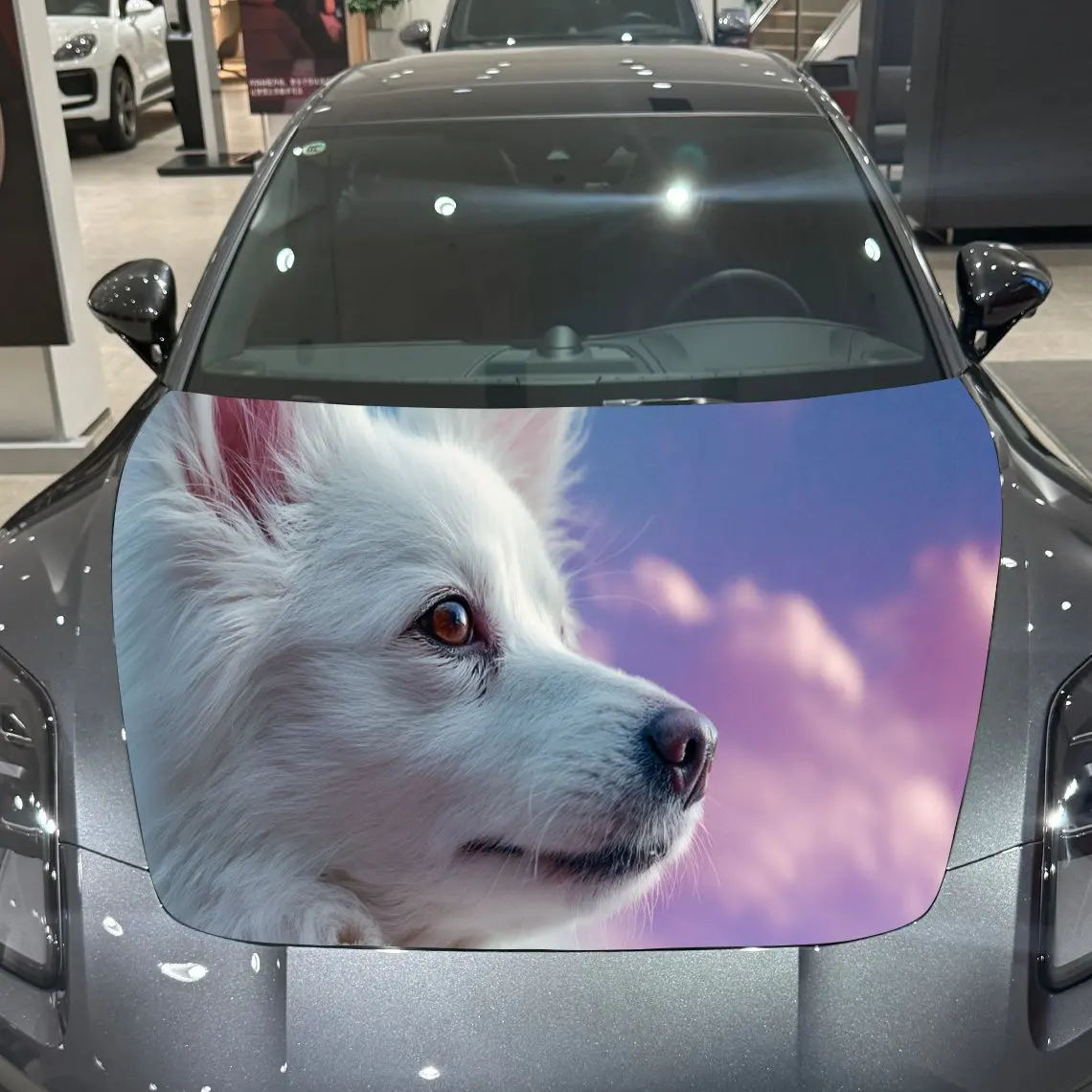 

Cute White Dog with Pink Sky PVC Car Hood Wraps, Self-Adhesive Waterproof Car Bonnet Decal Sticker, Car Decoration Protection St