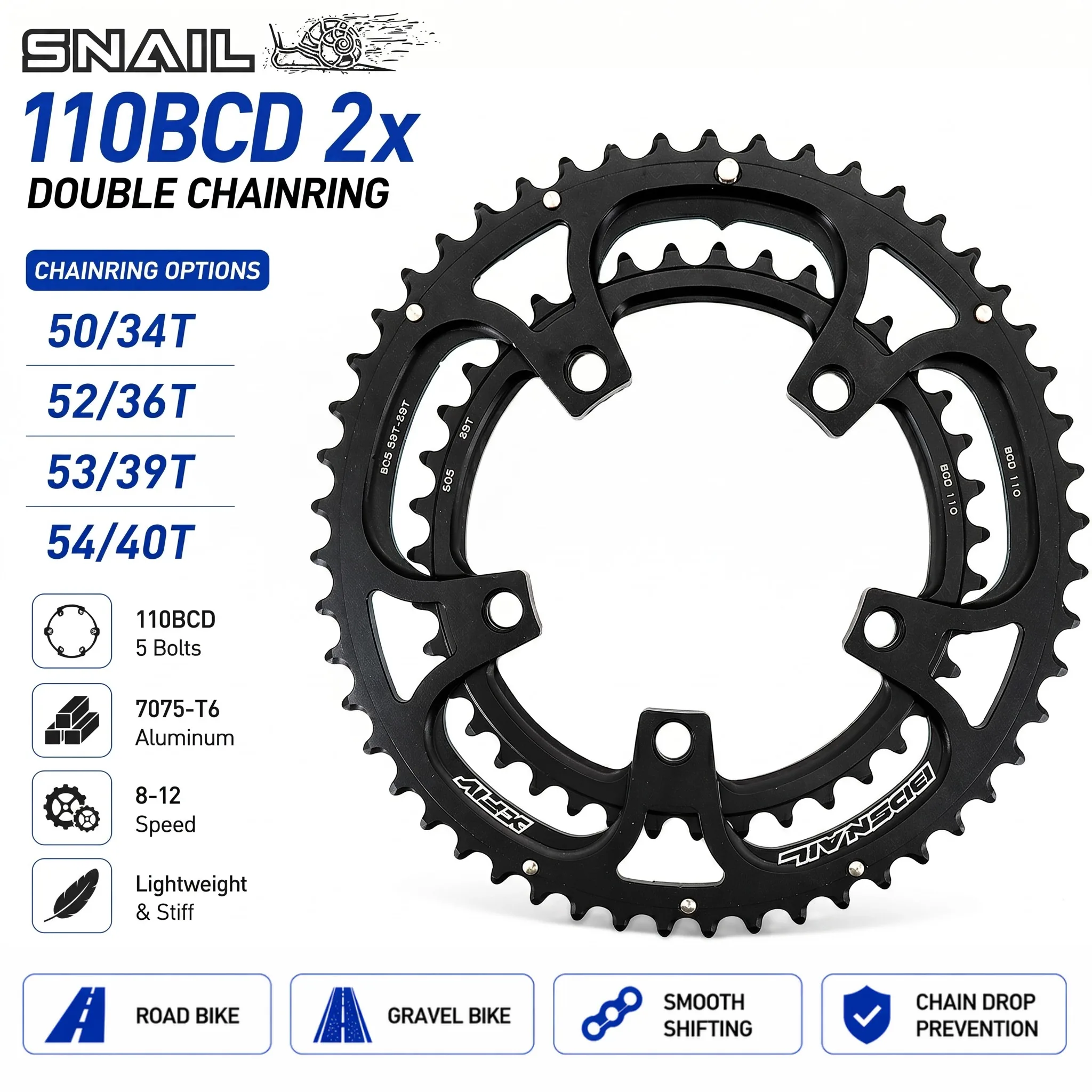 Snail 110BCD Round/Oval 2x Chainring for Shimano for SRAM 8 9 10, 50/34T 52/36T 53/39T 54/40T