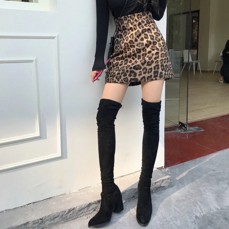 Sexy Leopard Print Wrap Hips Skirts Female High Waisted Slimming Hot-Girl Mini Skirts Women Autumn Winter Vintage Woolen Skirt