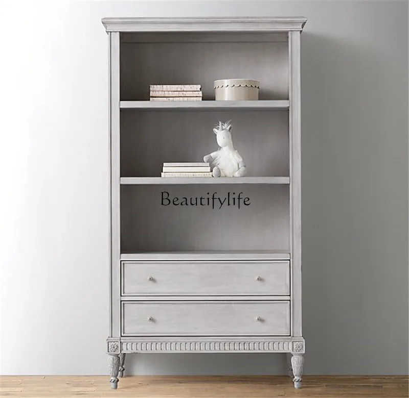 

French solid wood bookcase multi-layer cabinet American country retro white carved bookshelf