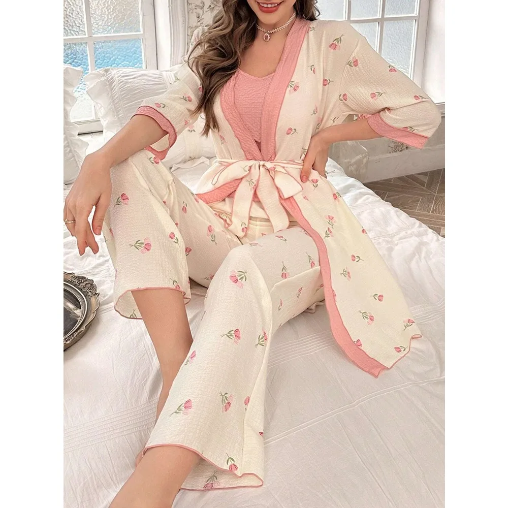 Women's Floral Print Bubble Crinkle Top And Pants Pajama Set