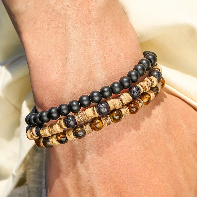 3pcs/set Beaded Bracelet Men Lava Stone Tiger Eye Bead Charm Men Women Bracelet Sets Jewelry Best Gifts Pulsera Hombre