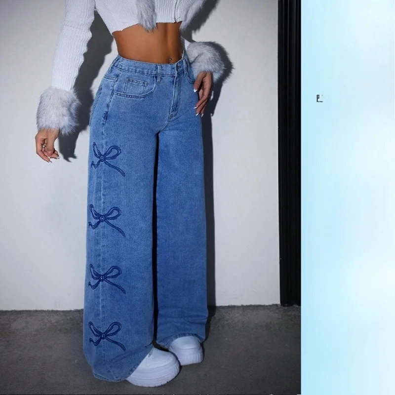 

Vintage Bow Detail Flared Jeans – Slim Fit Long Pants for Women – Lightweight & Comfortable – Ideal for Vacation Photoshoot