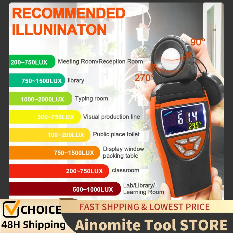 

Professional Digital Light Meter 0.1-400,000 Lux/40,000 FC Range，270° Rotating Sensor Head ，Dual-Color Backlit Display
