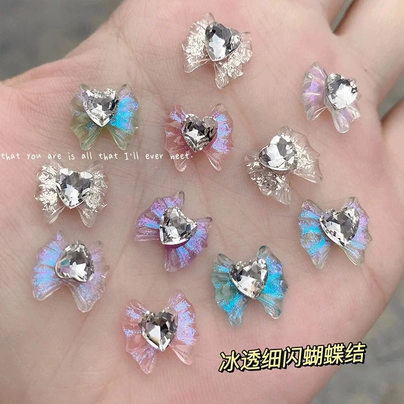 10 stücke 3D Glitter Kristall Liebe Herz Bowknot Nail art Charms Nette Kawaii Harz Bogen Nagel Strass 13,5*12,5mm Bogen Nagel Decorati