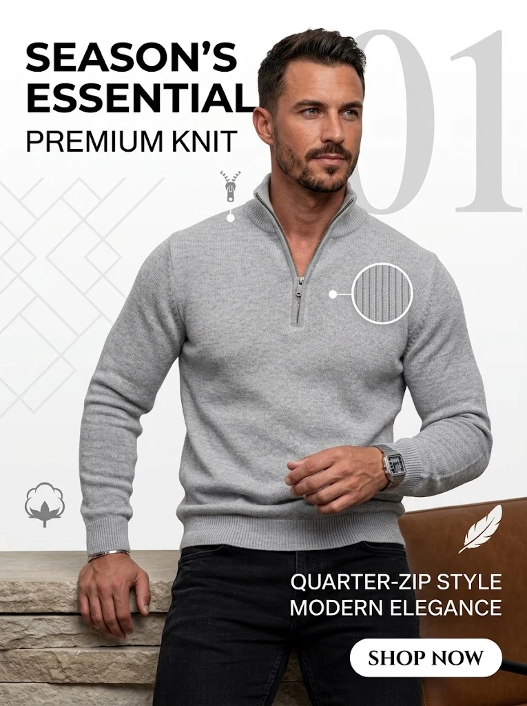 Neuer Herren-Pullover mit Reißverschluss, Slim Fit, Stehkragen, Lässiger Langarm-Strickpullover, Warmes Oberteil für den Winter, Strickbekleidung – Detail 1