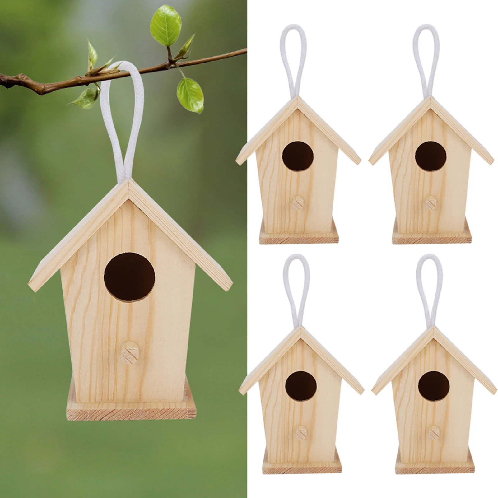 

4Pcs Mini Outdoor Hanging Wooden Bird House Nests Cage Ornament For Garden Balcony