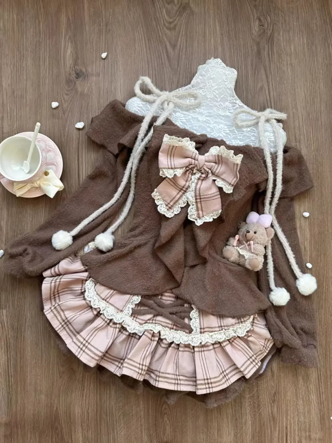 Winter Sweet Lolita New Two Piece Set Women Long Sleeve Bow Tops+plaid Cake Mini Skirt Female Korean Designer Kawaii Set 2024