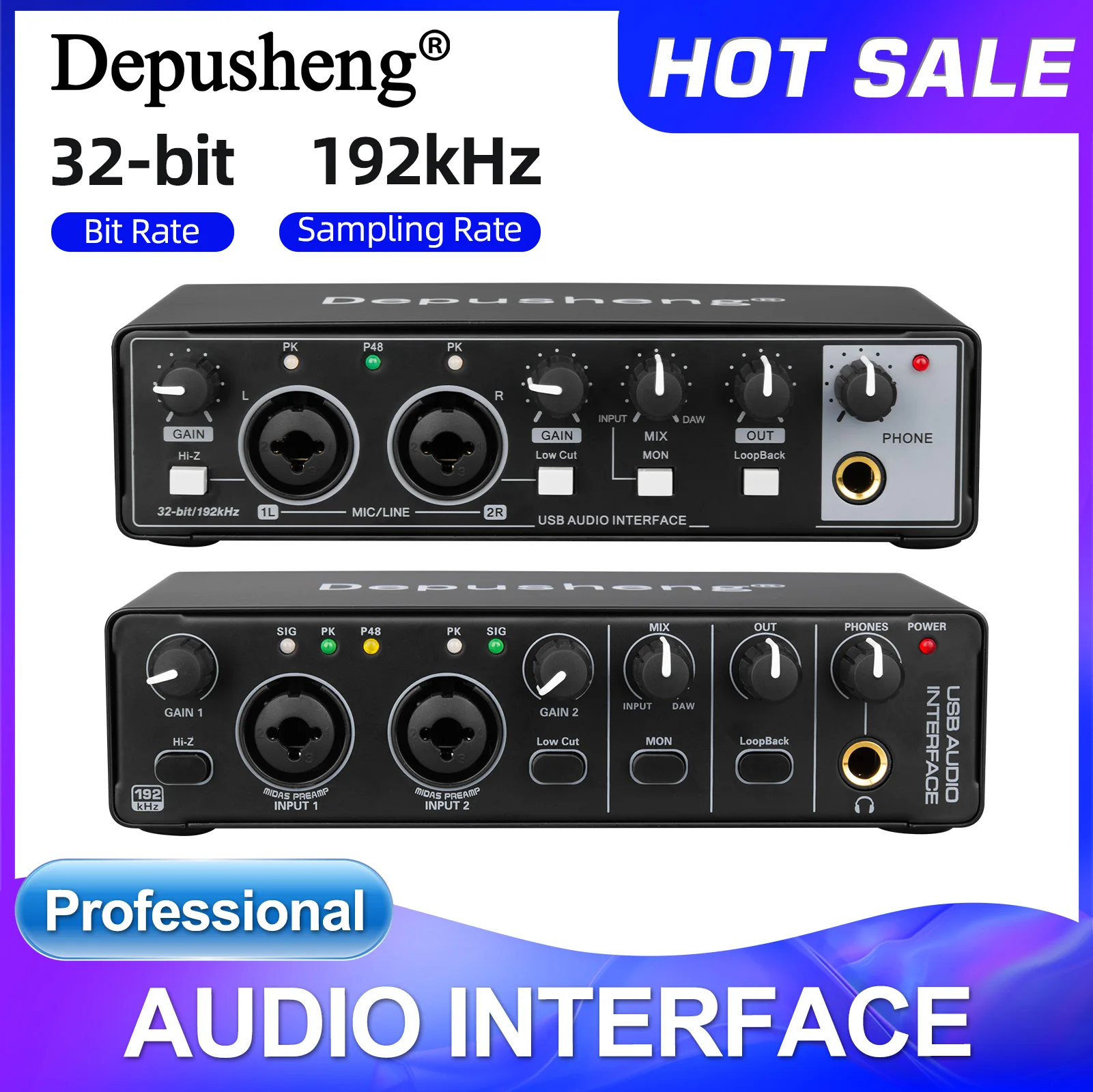 Audio-Interface Depusheng MD22 USB 3.0 Soundkarte mit Monitoring für E-Gitarre, Live-Aufnahme, Studio-Gesang und Mikrofon