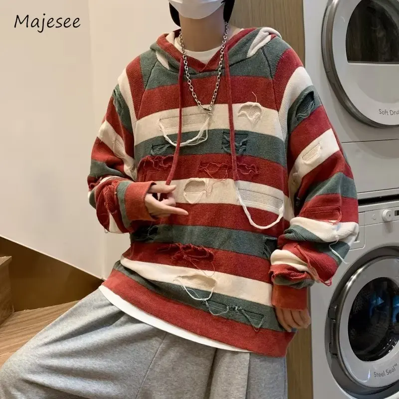 Striped Sweaters Men Worn-out Hole Contrast Color Hooded Fashion Teenagers Youthful Vitality Korean Style Daily All-match Cozy