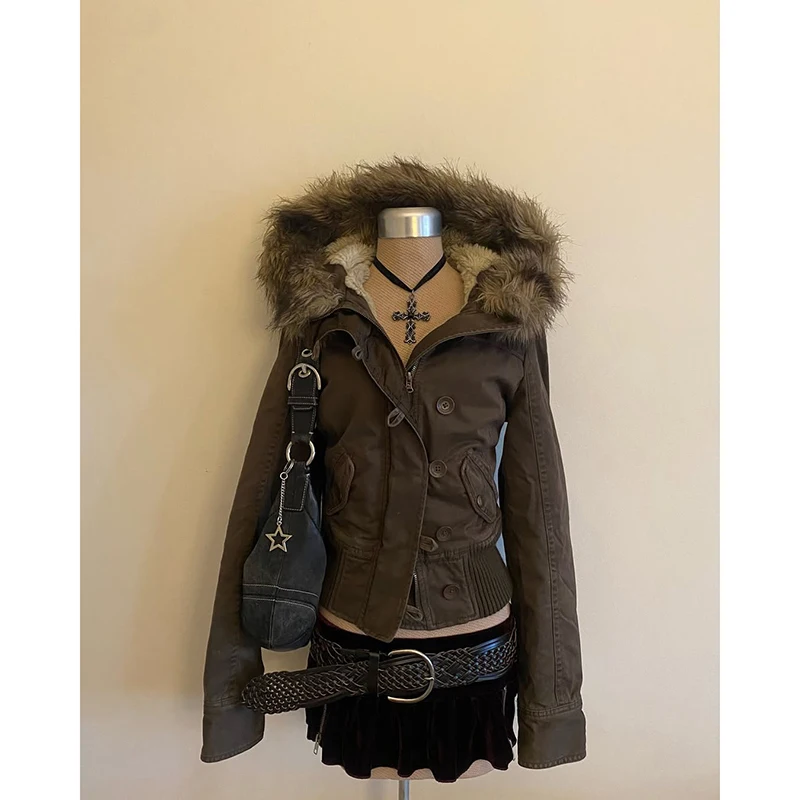 

Женская зимняя куртка с капюшоном из овечьей шерсти, оригинальный дизайн, утепленная, приталенная, в американском ретро-стиле, с длинными рукавами и воротником-стойкой