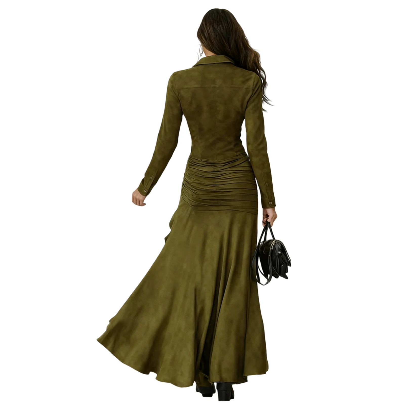 Fall Long Sleeve Button Western Dress Winter Wrap Asymmetric Ruffle Maxi Dress Trendy Flowy High Low Hem Cowgirl Elegant Dress