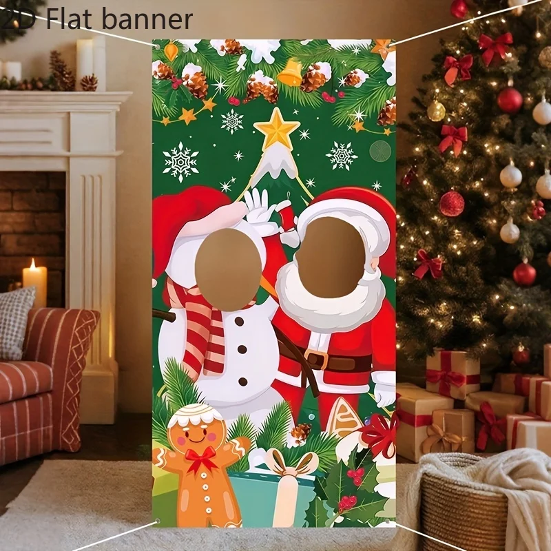 One piece of 2D flat banner, Patimate hollow frame Christmas photo booth background, with silhouette of Santa Claus