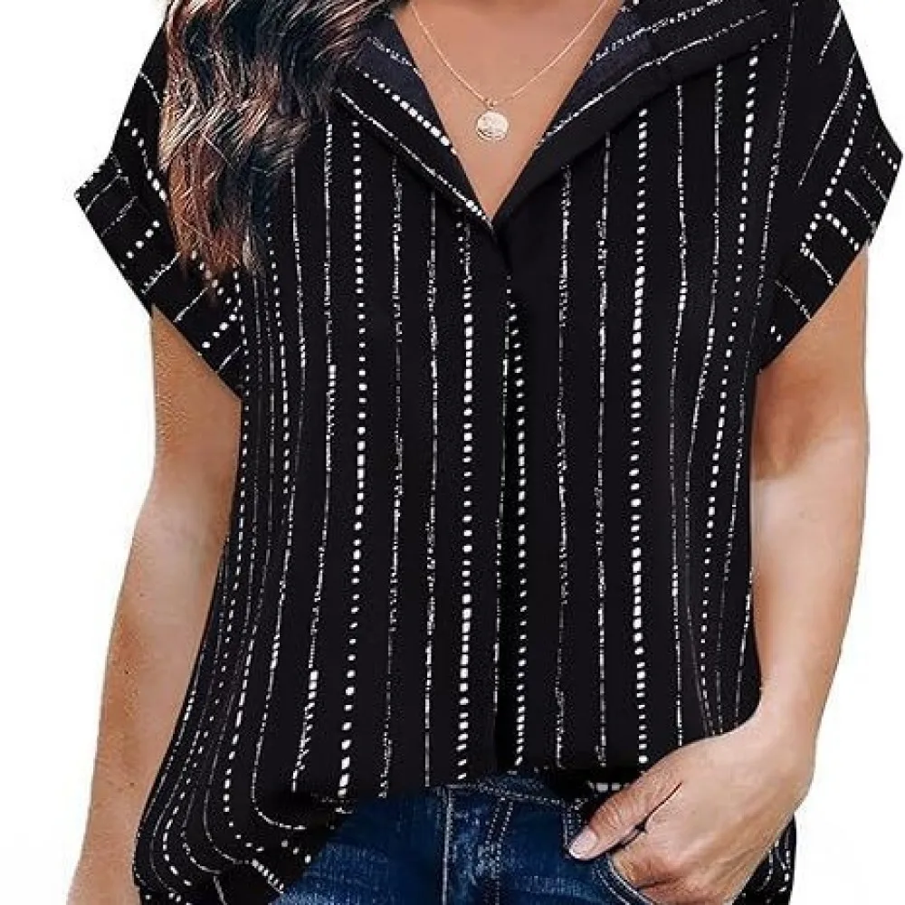 Womens Striped Shirt Lapel Blouse Casual Pullover Fashion Tops Elegant Commuter Wear Summer Breathable Soft Comfortable Apparel