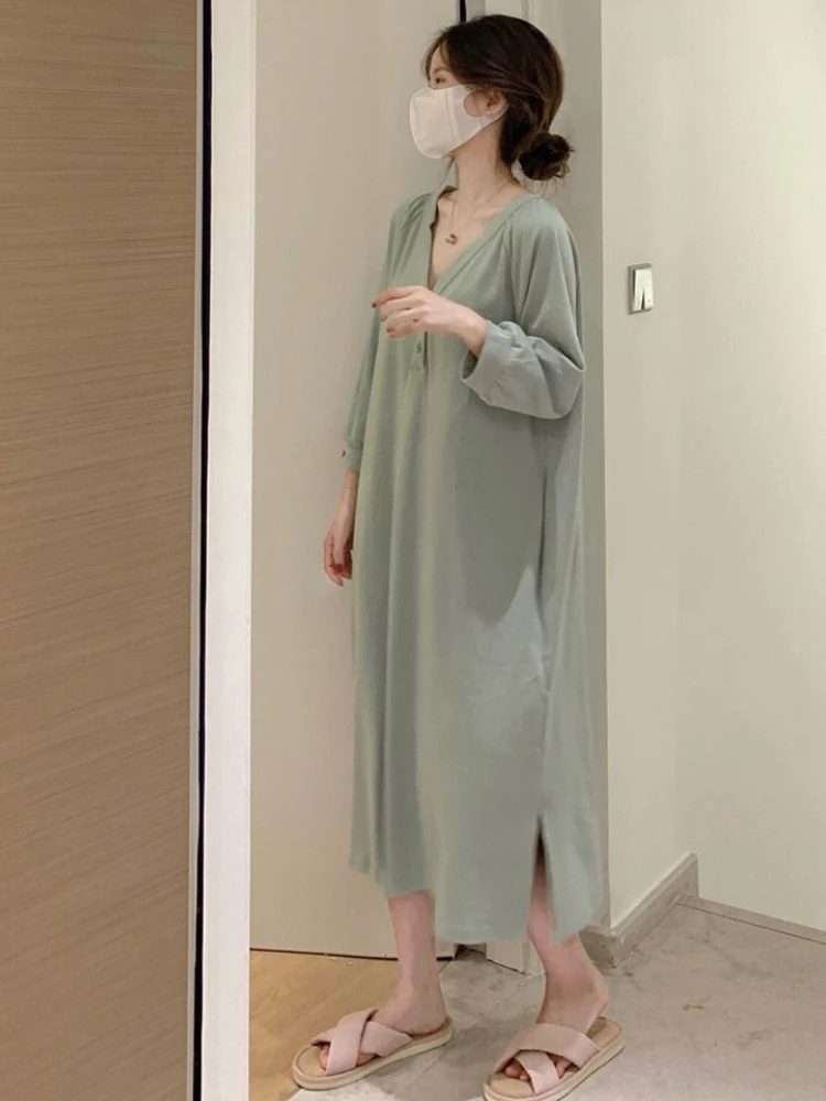 

Midi Nightgowns Women Loose Cozy Minimalist Pure Fashion Long-sleeve Design Side-slit Leisure Lounge Wear Autumn Ulzzang Ladies
