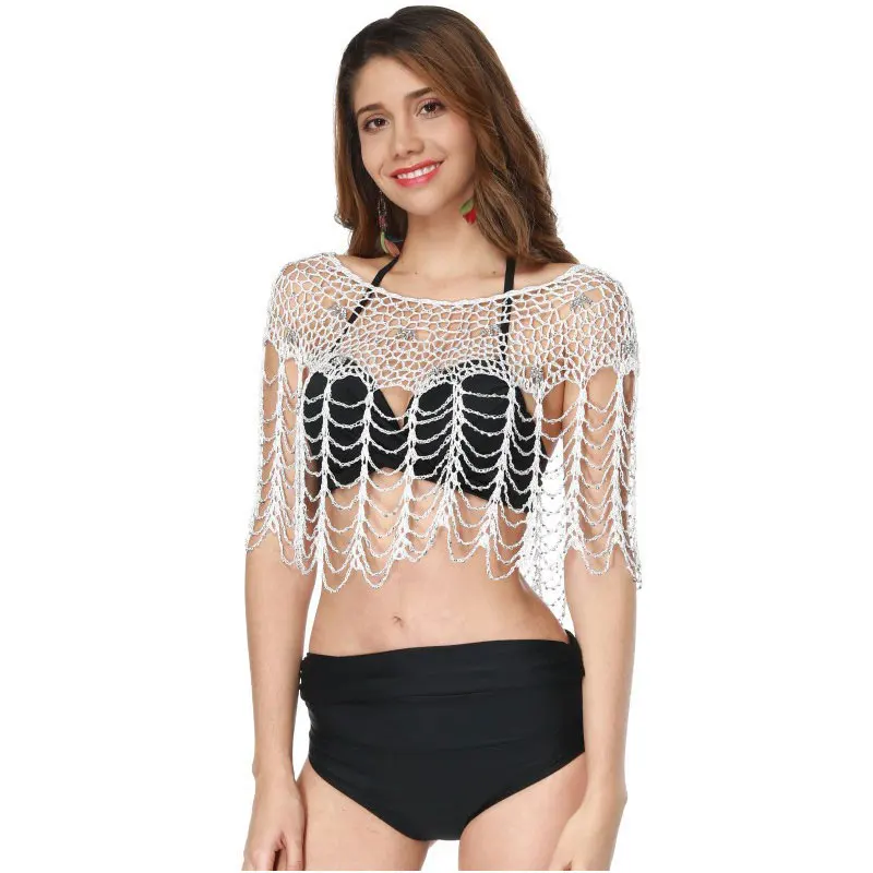 

White Women Sexy Hollow Out Bikini Cover Ups Handmade Crochet Thin Beach Shawl Cape Tops Beaded One Free Size
