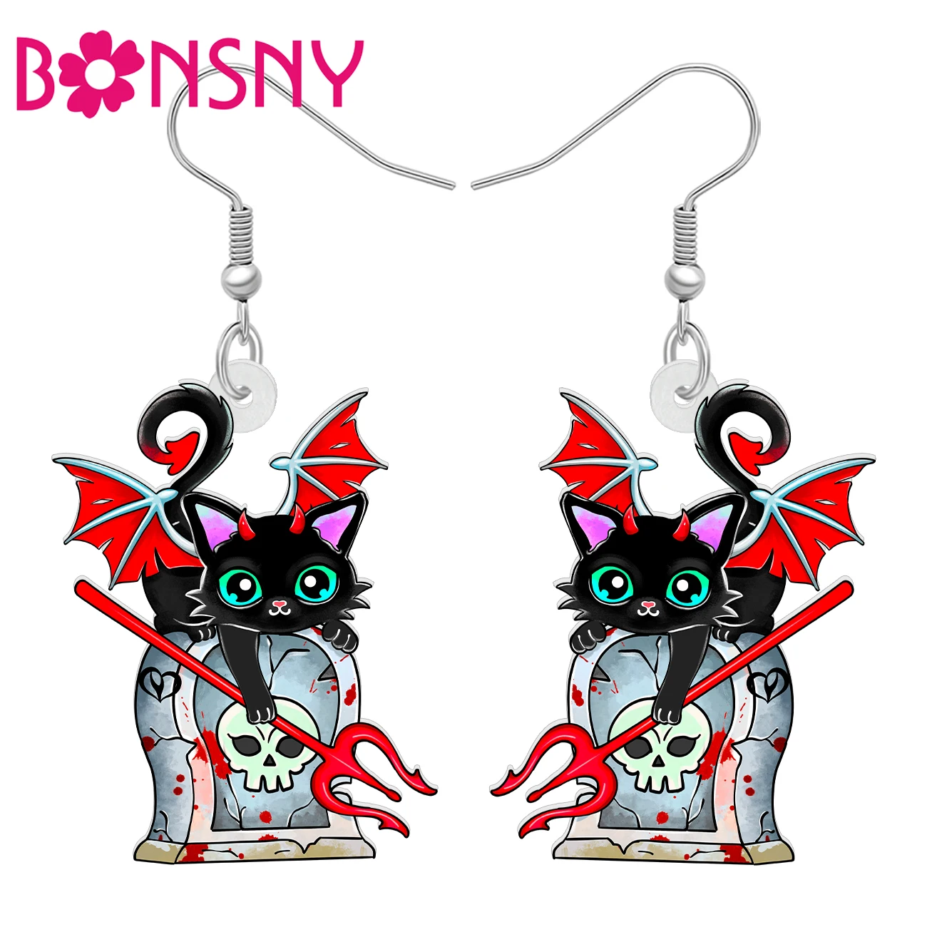 BONSNY Halloween Acrylic Demon Cat Tombstone Earrings Drop Dangle Novelty Kitten Jewelry for Women Girls Teens Charms Gifts