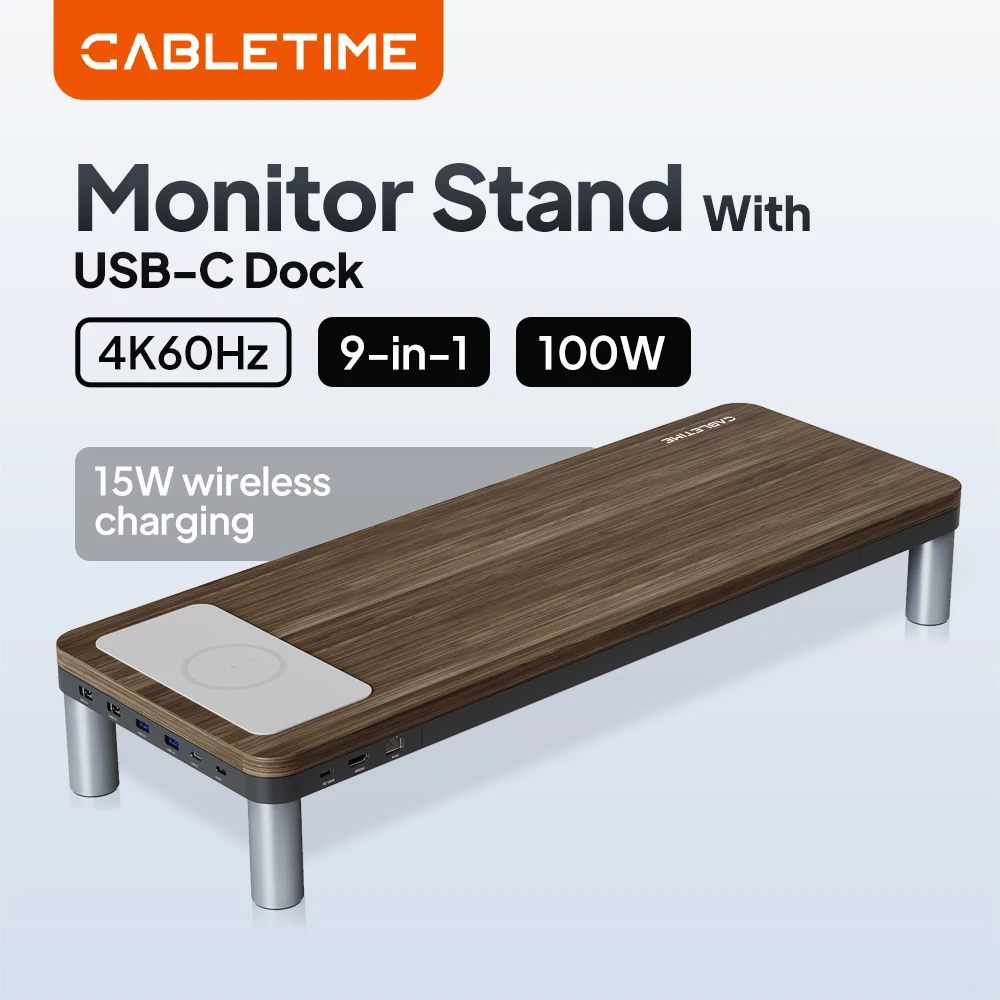 

Подставка для монитора CABLETIME 9-в-1 с док-станцией USB-C, портом PD100W, HDMI 4K@60Hz, беспроводной зарядкой 15W, портом RJ45 LAN, текстура под дерево, для рабочего стола