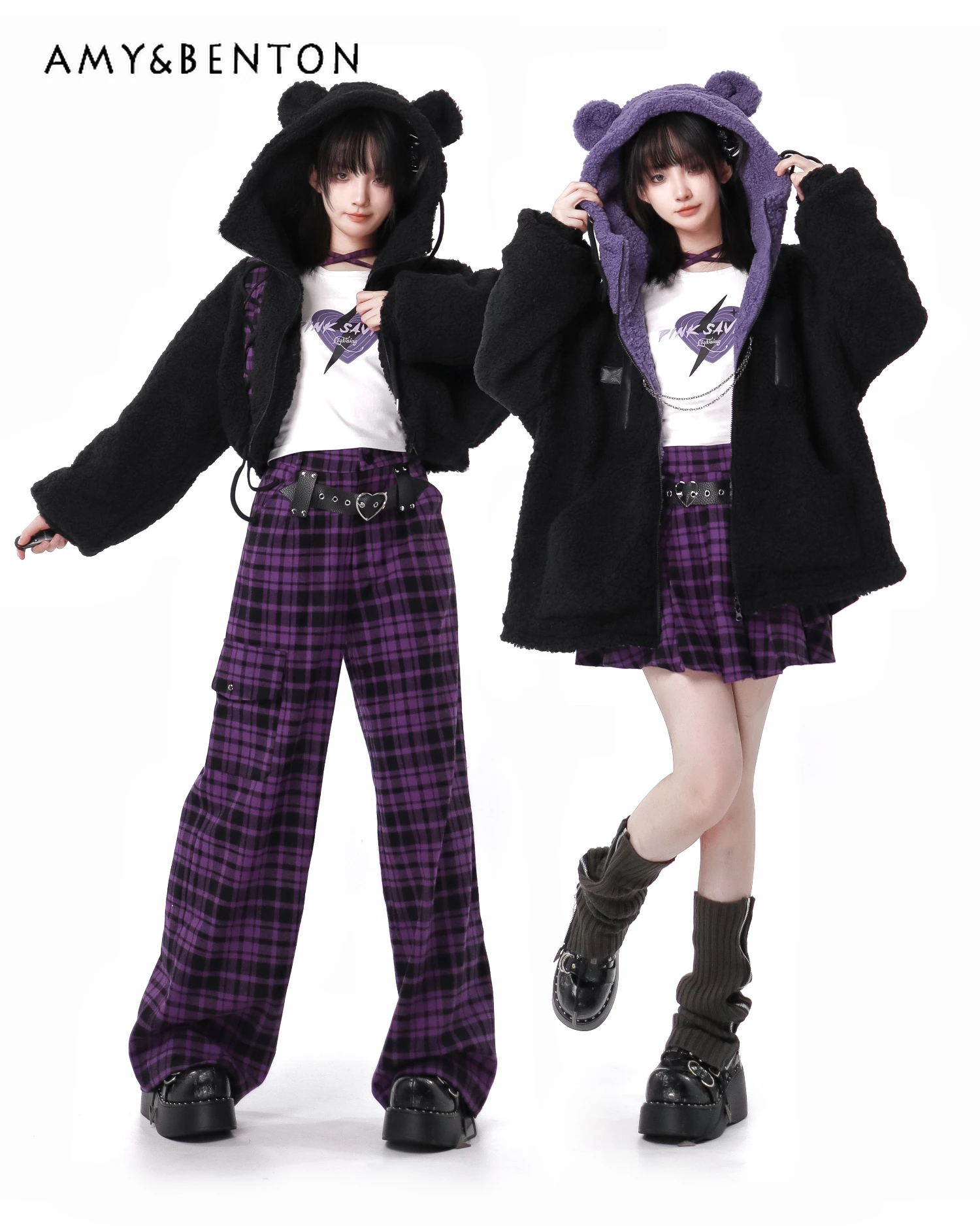 Preppy Style Sweet Cool Girl Outfits Cute Hooded Lamb Wool Coat Purple Plaid Leather Ring Mini Skirt Two-Piece Sets Winter New