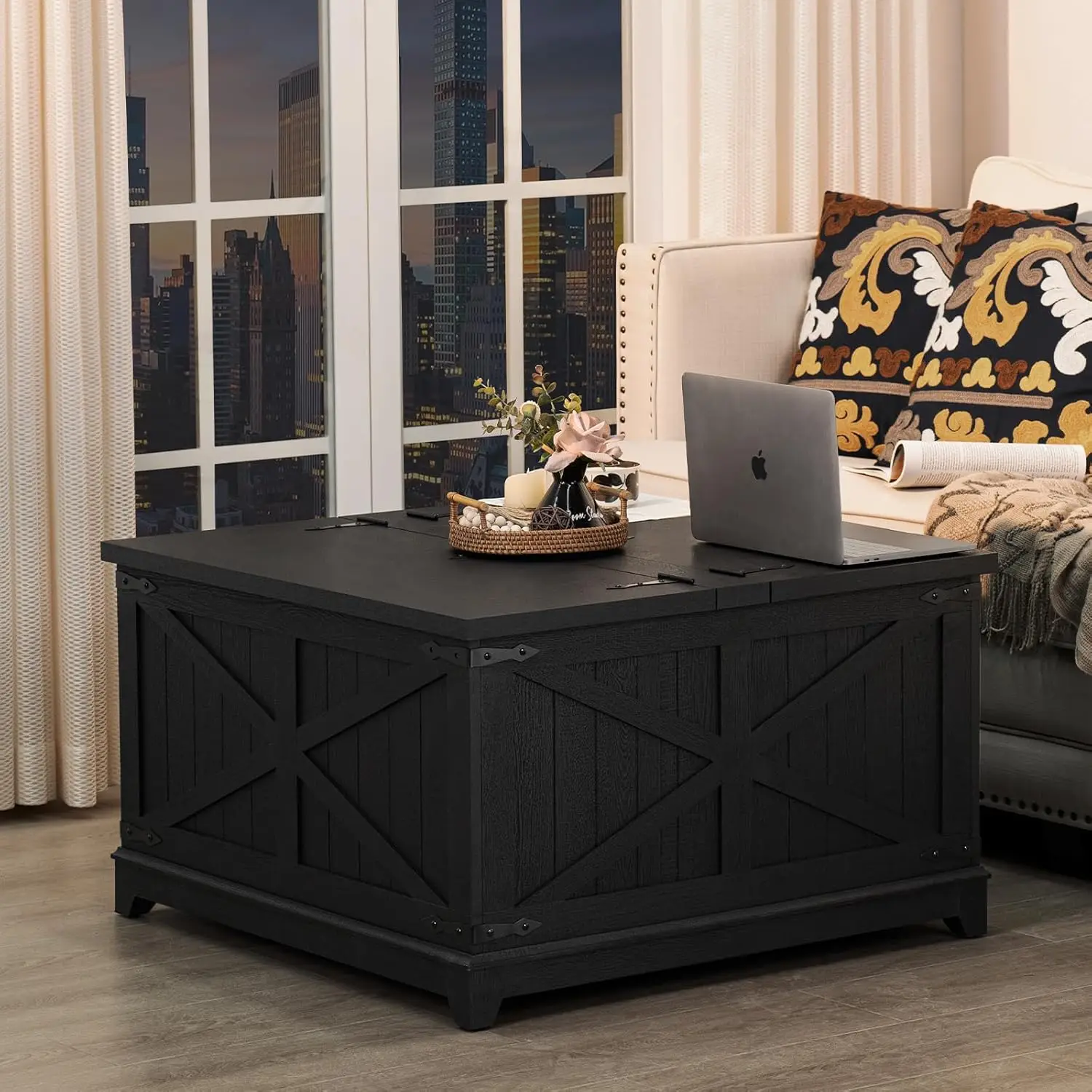 Farmhouse Coffee Table with Hidden Storage Organizer, Black Square Large Center TableHinged Lift Top for Home, Office