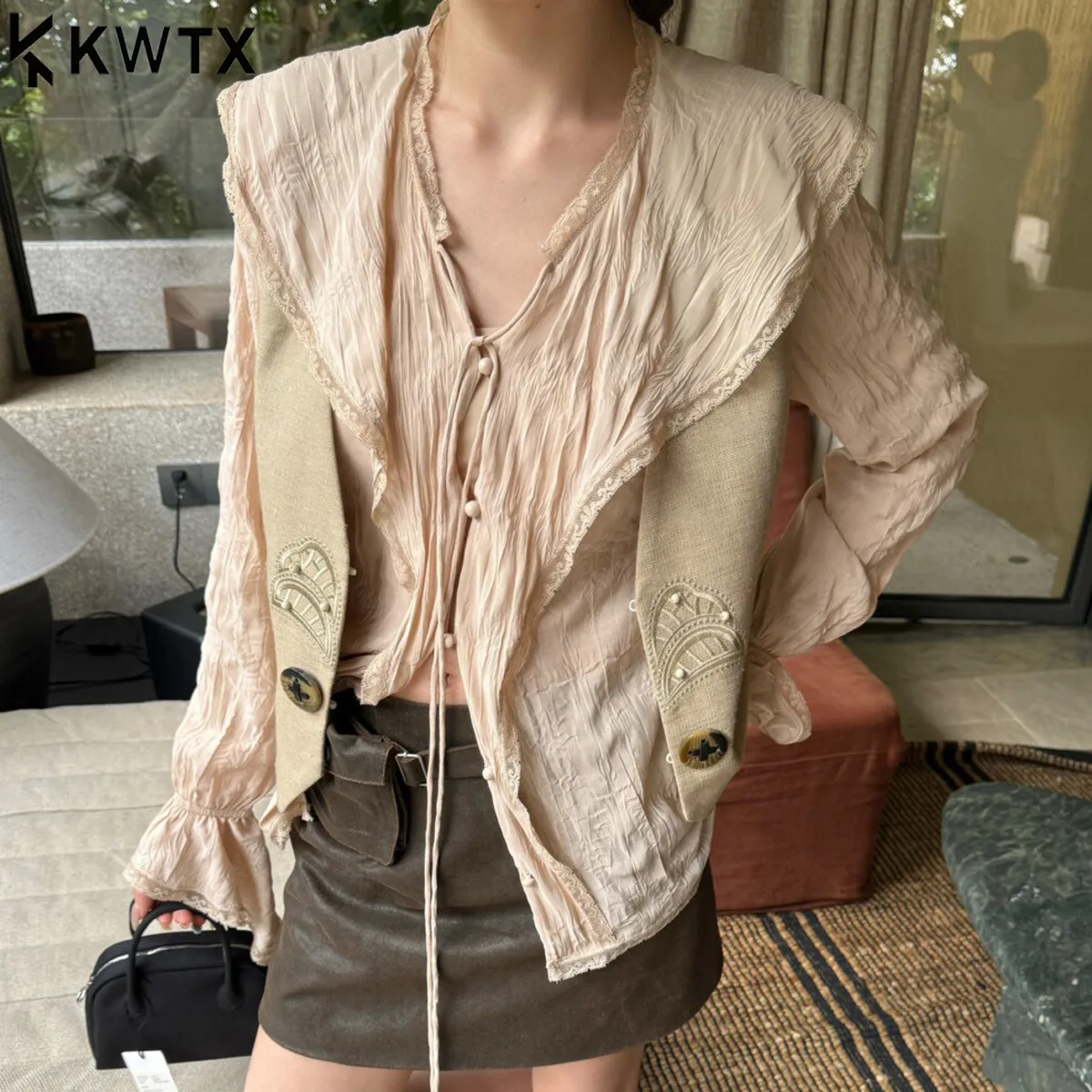 

KWTX Elegant Lace Blouse Women Asymmetrical Design Fashion Top - Stylish Casual Office Shirt Feminine Basic Wardrobe Essential