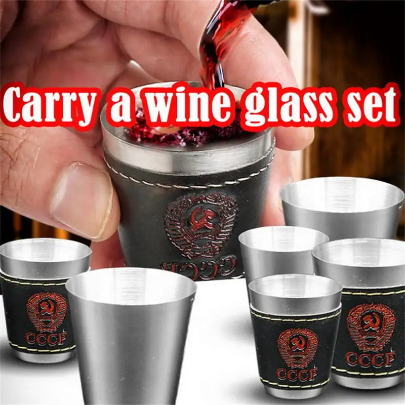 4pcs 30/70/170ml Outdoor Camping Tableware Travel Cups Set Picnic Supplies Stainless Steel Wine Beer Cup Whiskey Mugs PU Leather