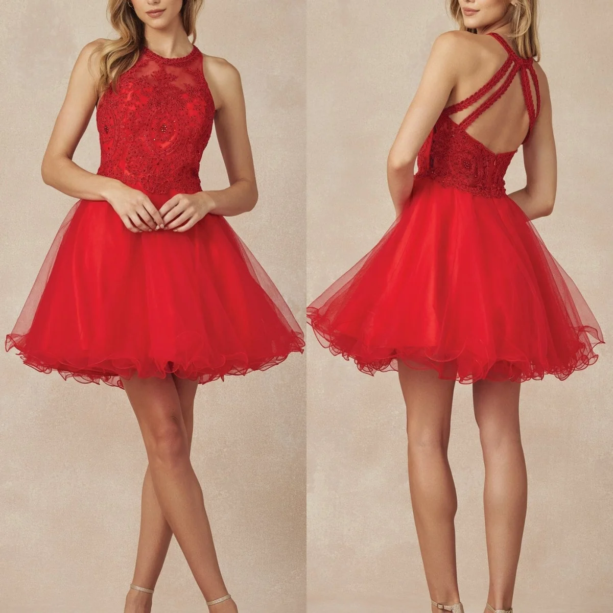 

Girl's Graduation Dresses Tulle Halter Criss-Cross Backless A-line Mini Ball Gowns Lace Sequins Appliques Luxurious Prom Dress