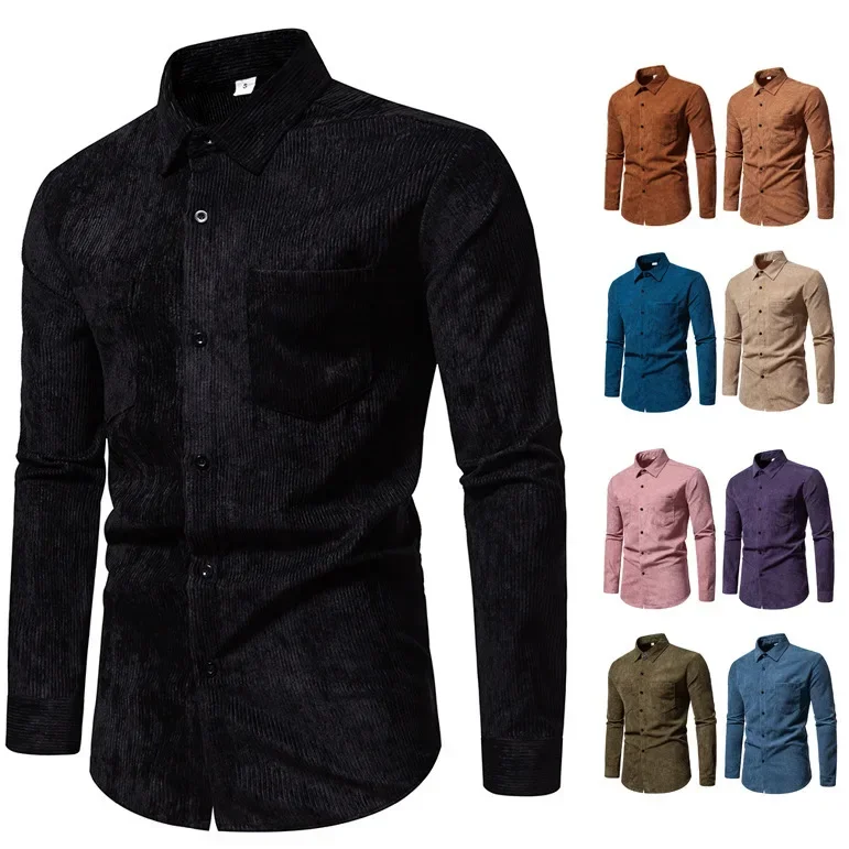 

2023 New Men's Solid Color Corduroy Retro Long Sleeved Shirt Large Fashion Casual Shirt