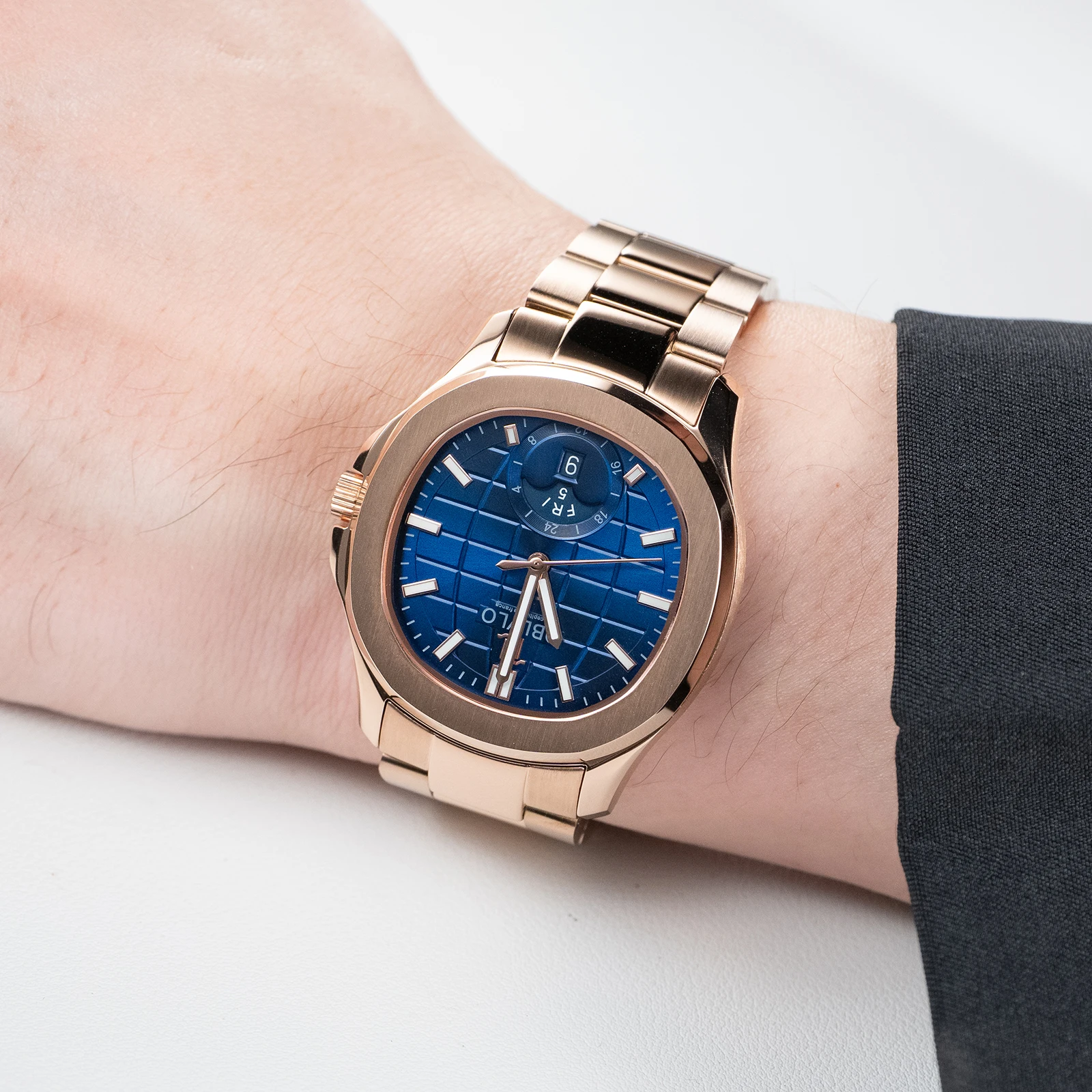 OBLVLO FM-SL Men's Square Automatic Watch Rose Gold Blue Dial Luminous Hands Date Function Transparent Caseback Luminous Hands